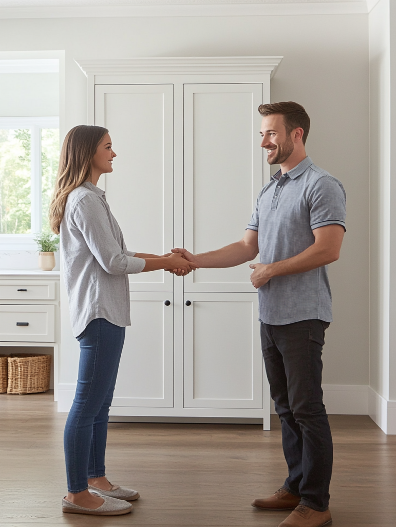 Image of a furniture assembler shaking hands with a happy customer, symbolizing trust, quality service, and customer satisfaction.